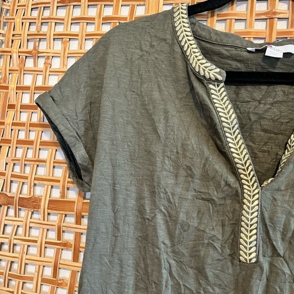 Boden Army Olive Green Gold Dora Embroidered Tie Waist Jersey Dress Size 2R - Picture 7 of 14